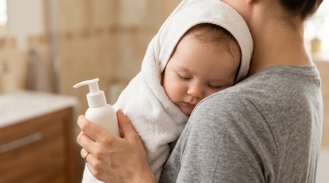Mother Holding Baby with Baby Lotion
