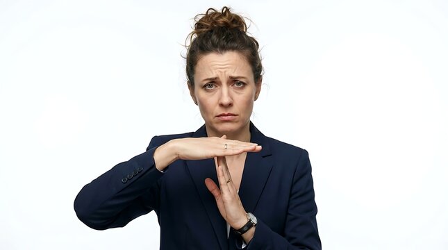 Stressed businesswoman showing time out hand gesture isolated against white wall backdrop