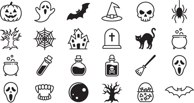 Halloween line art icon set spooky elements collection pumpkin ghost bat skull cauldron isolated on white background vector illustration