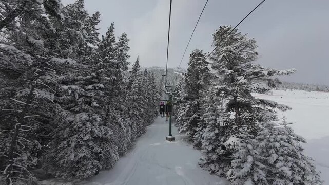 Chairlift Ride Through Snow Covered Forest at Banff Norquay Ski Resort, Canada