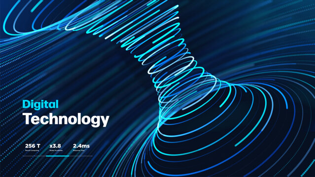 Digital Technology Background Featuring Abstract Neon Blue Curved Lines, Flowing Data Streams And Futuristic Motion Effect. Ideal For Modern Tech Projects. Technology Backgrounds. Vector Illustration.