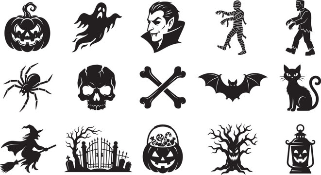 Halloween silhouette monster and character set scary vampire mummy frankenstein witch pumpkin and ghost icons collection isolated on white background vector