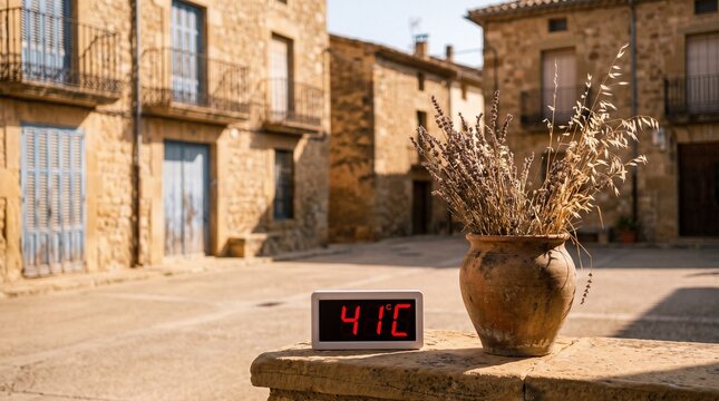 Digital thermometer showing forty one degrees celsius during hot heatwave in traditional stone village square