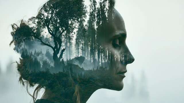 A person&rsquo;s profile is featured with a blend of trees and fog, showing a connection between humanity and nature. The image combines elements of body and forest to tell a story.