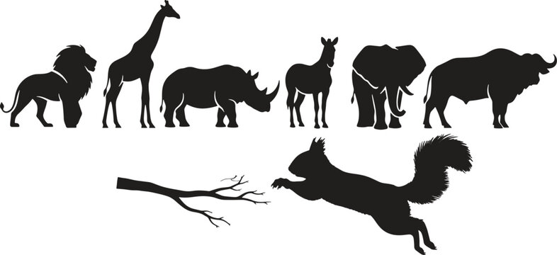 Collection of wild animal silhouettes including lion giraffe rhino and squirrel