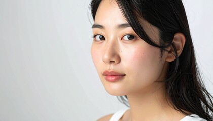 Naklejka premium オーガニックスキンケアイメージ・敏感肌の日本人女性のナチュラルビューティーポートレート（オフホワイト・コピースペースあり）, Japanese Woman Sensitive Skin Organic Natural Skincare Portrait Off-White Background Copy Space