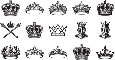 Royal crowns tiaras and knight helmets black and white icon set king queen heraldic symbols collection isolated on white background vector © MdRubel