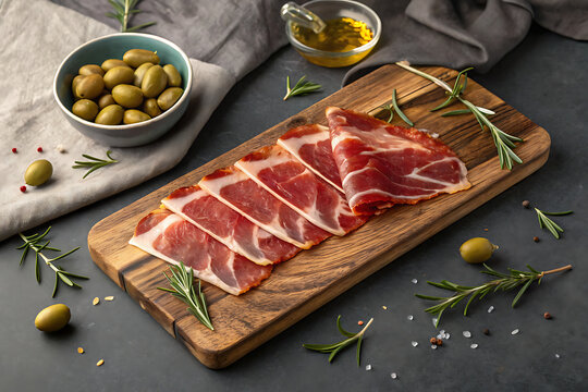 Spanish jam&oacute;n ib&eacute;rico with olives, gourmet luxury food campaign