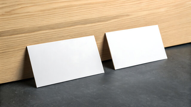 Blank white business cards on wooden surface. Minimalist stationery design with clean edges and matte finish. Professional identity template for br...