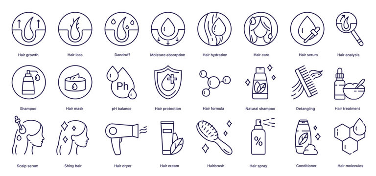 Linear haircare icons set showing shampoo, conditioner, serum, mask, scalp treatment, hairbrush, spray, pH balance, protection shield, cosmetic bottles isolated on white background vector illustration