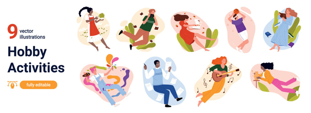 Collection of nine hobby activities with people dancing, gardening, reading, basketball, relaxing, painting, studying, playing guitar and writing isolated on white background vector illustration