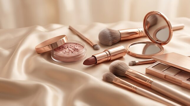 Set of professional makeup brushes and purple lipstick with a small mirror on a wooden table. glam makeup sale