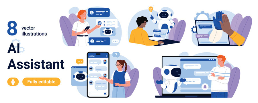 Collection of eight AI assistant chatbot scenes with users messaging on phones and laptops, customer support, automation, online communication isolated on white background vector illustration