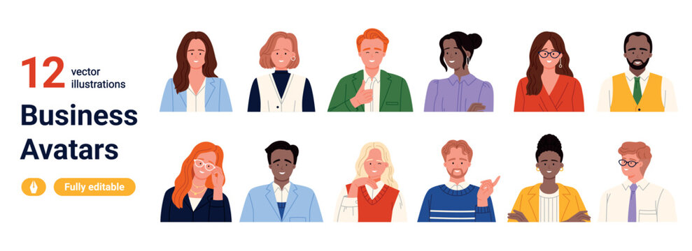 Collection of 12 business avatar portraits featuring office workers, managers and corporate staff in editable flat style, isolated on white background vector illustration