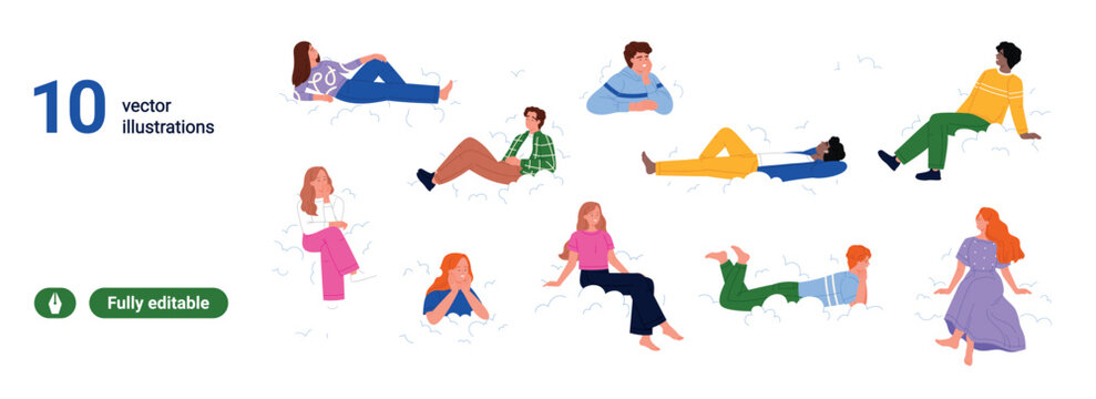 Collection of dreamy moments with diverse people resting, sitting and lying on fluffy clouds in calm pastel sky scenes, editable set for wellness, fantasy or lifestyle themes vector illustration