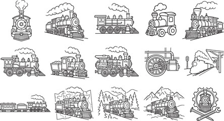 Vintage retro steam train and locomotive line art icon set classic railway engines collection isolated on white background vector illustration © MdRubel