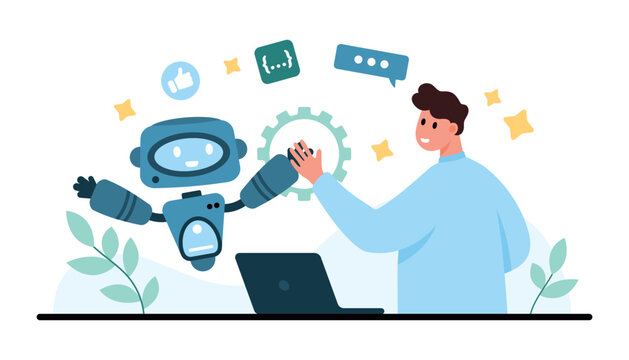 Friendly robot and office worker high five over laptop, showing artificial intelligence support, automation, chat, and workplace cooperation isolated on white background vector illustration