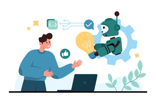 Man using laptop while friendly robot offers bright idea for automation, coding and productivity improvement in modern business process, isolated on white background vector illustration