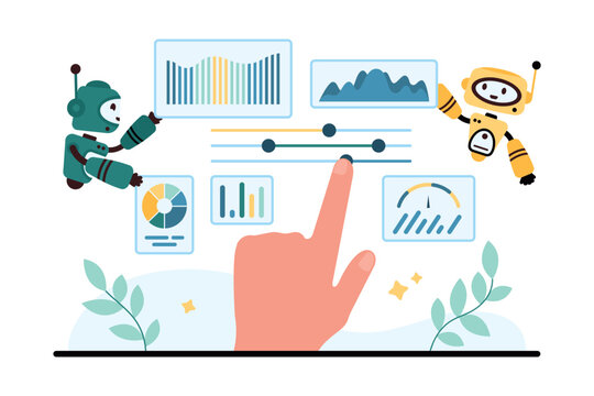 Human hand adjusts analytics controls beside friendly robots, charts, sliders and dashboard panels for artificial intelligence data analysis concept, isolated on white background vector illustration