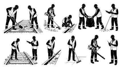 Naklejka premium Railway Track Cleaning Workers Silhouette Set Maintenance Cleanup Vector Collection