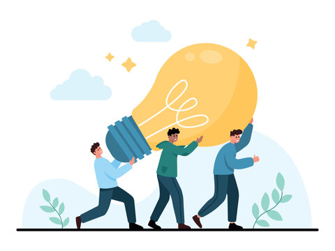 Three coworkers carry a giant light bulb together, showing teamwork, creativity, startup innovation and collaboration in business planning, isolated on white background vector illustration