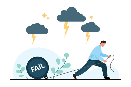 Stressed man pulls heavy fail ball under storm clouds, showing burden, setback, pressure and struggle with mistakes, challenge, anxiety, isolated on white background vector illustration