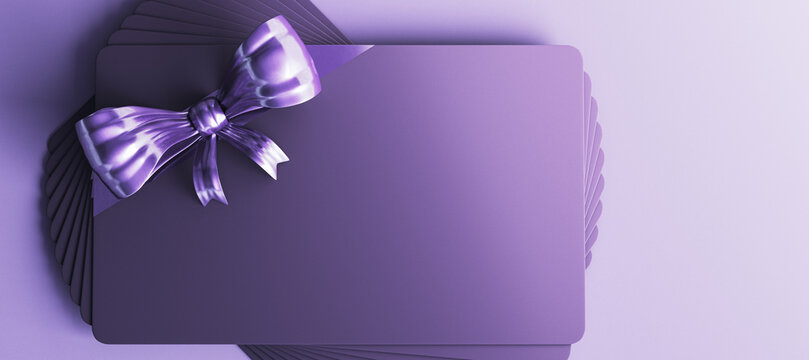 Blank purple gift card mockup with ribbon bow on fanned card stack against light violet background for holiday voucher design and branding. 3D Rendering