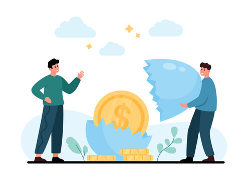 Two men reveal a gold dollar coin inside a cracked eggshell, showing startup profit, investment return, savings growth, and financial opportunity isolated on white background vector illustration