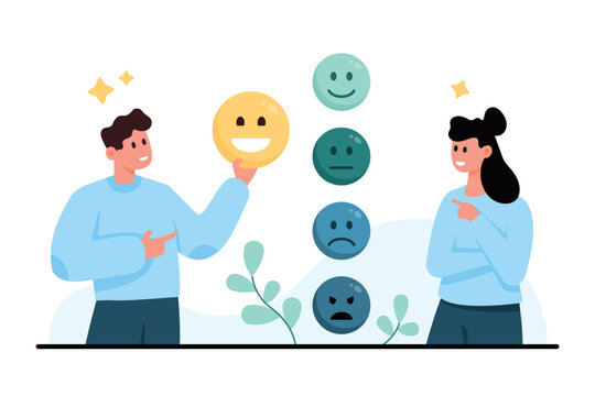 People choosing smiley rating icons for mood feedback concept, showing satisfaction levels from happy to angry in a clean flat scene isolated on white background vector illustration
