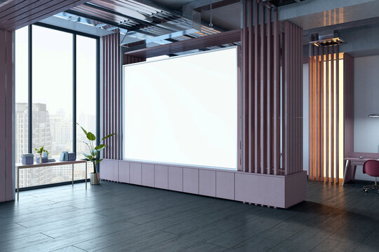 Wide blank presentation screen mockup between wooden slat columns in contemporary office interior with city view windows. 3D Rendering
