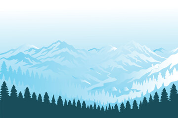 Blue mountain landscape with pine forest silhouette and foggy valley, background, trees © Sree Karnno Chandra 