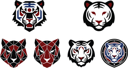 Fototapeta premium Six stylized tiger head silhouettes in geometric and abstract designs on white background