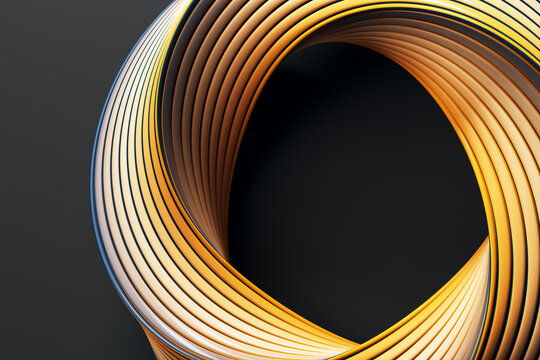 Abstract golden striped ribbon loop twisted in circular swirl on dark gray background with copy space for futuristic wallpaper or banner design. 3D Rendering