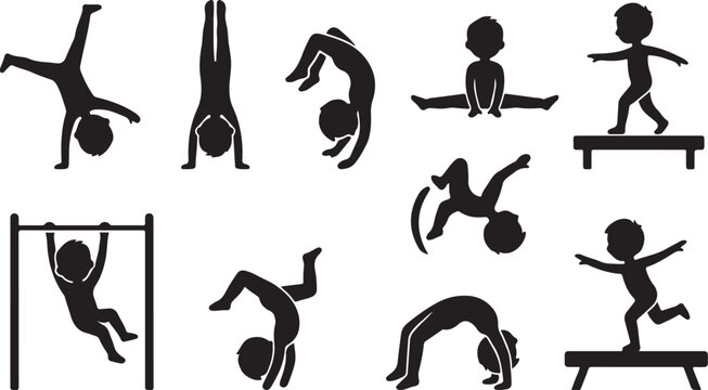 Set of black silhouette showing children performing gymnastics, including handstands, cartwheels, bridge, and balance beam exercises