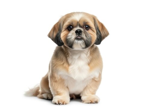 Charming small dog with expressive eyes and fluffy fur portrait isolated on white background
