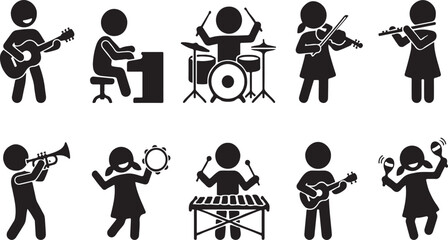 Collection of black stick figure depicting children playing musical instruments such as guitar, piano, drums, violin, and percussion © SH STORE