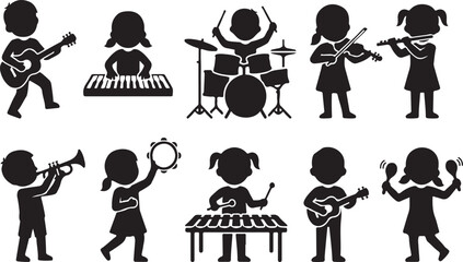 Set of black silhouette showing children playing various musical instruments like guitar, piano, drums, violin, flute, and percussion © SH STORE