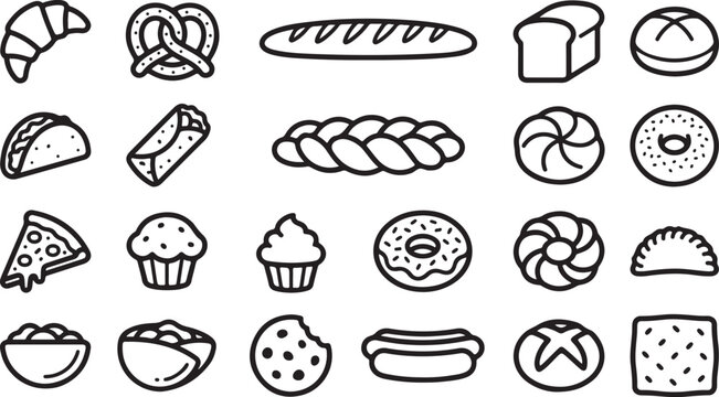 Set of black and white hand drawn bakery food icons including bread croissant donut and pastry