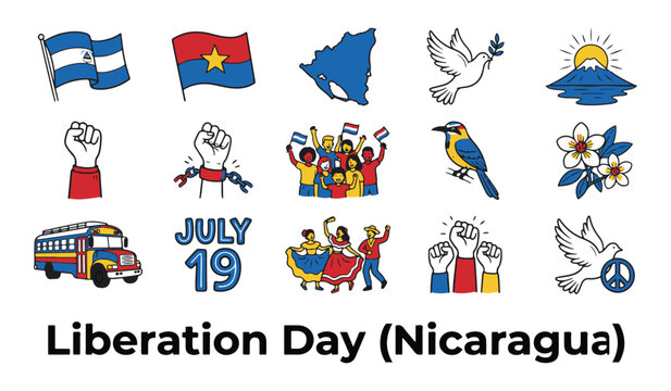 Nicaragua Liberation Day Hand Drawn Illustration Set with Flags, Map, Cultural Symbols, and 'JULY 19'