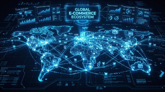 Futuristic Global E-Commerce Data Network Analytics Display with Interactive Holographic World Map Visualization for Digital Trade Systems