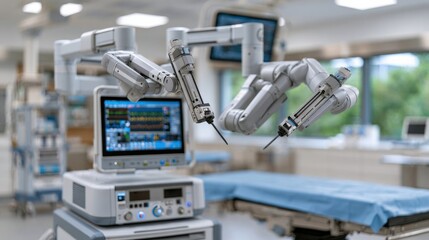 Fototapeta premium Robotic surgical system with articulated arms and monitor positioned in a modern operating room featuring sterile environment and surgical table