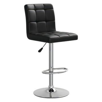 A black leather bar stool with a chrome base and adjustable height