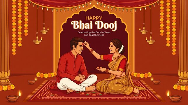 Indian sister applies tilak on brother s forehead celebrating bhai dooj festival with diyas and decorations