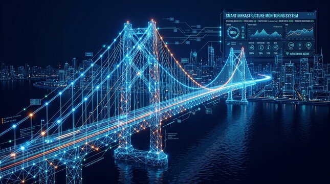 Futuristic Bridge Wireframe Mesh for Smart City Infrastructure Monitoring and Digital Twin Concept