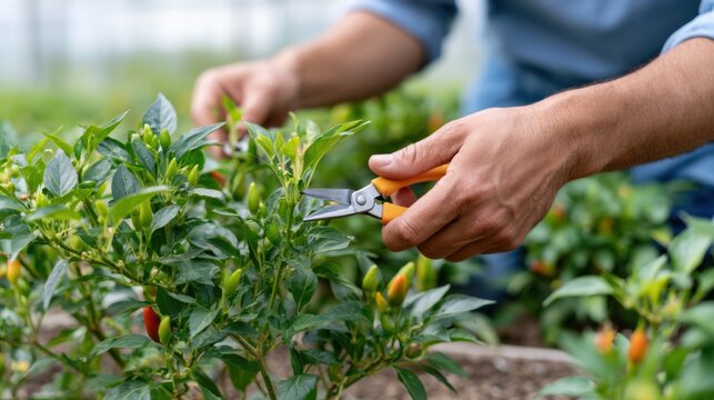 Chili pepper tree being pruned by a gardener using pruning shears in a greenhouse with vibrant green foliage and ripe peppers visible in the background