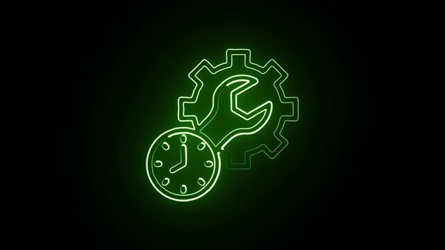 Neon green gear and wrench with clock icon animation a line art featuring a gear, a wrench, and a face on a solid black background maintenance time service tools engineering
