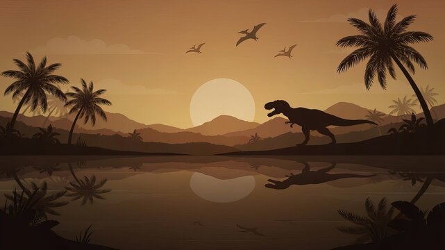 Silhouette of a tyrannosaurus rex dinosaur standing by a lake during a golden sunset with palm trees and flying pterodactyls in a prehistoric landscape