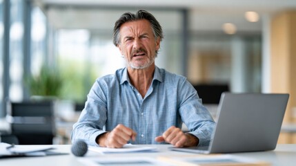 Obraz premium Middle-aged man with gray hair showing frustration at a desk with a laptop, papers, and a microphone in a modern office environment