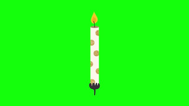 A tall elegant white long candle decorated with shiny gold glitter polka dots and a black ornate base stands centered on solid bright lime green background in clean vector style.