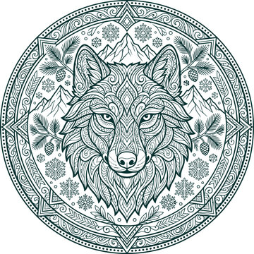Ornate decorative wolf head mandala design
